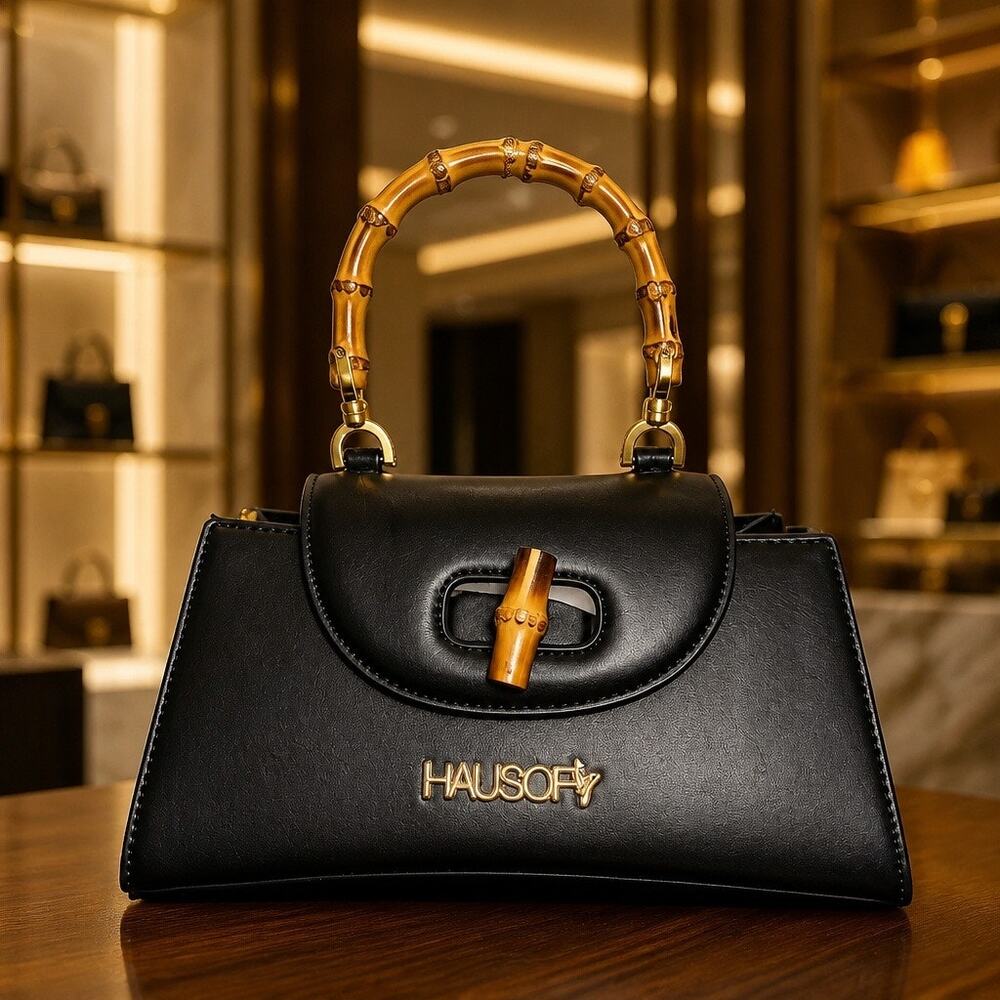 Hausofy Black Leather Trapezoid Bamboo Top Handle Crossbody Satchel Bag